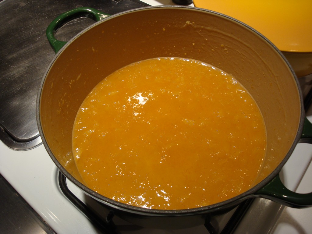 Marmalade ready to go into jars, after cooling.